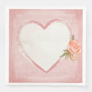 Watercolor-rosa Herz u. Rose Serviette