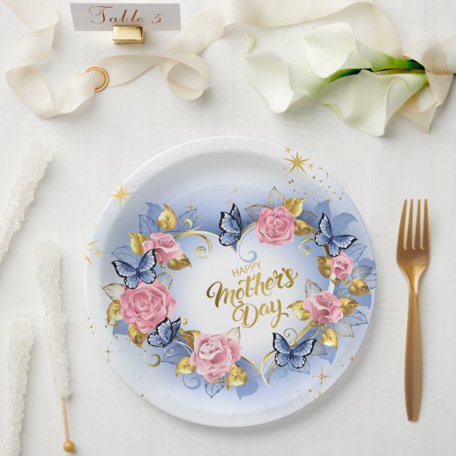 Watercolor Rosa Rose & Blauer Schmetterling Mutter Pappteller (Hochzeit)