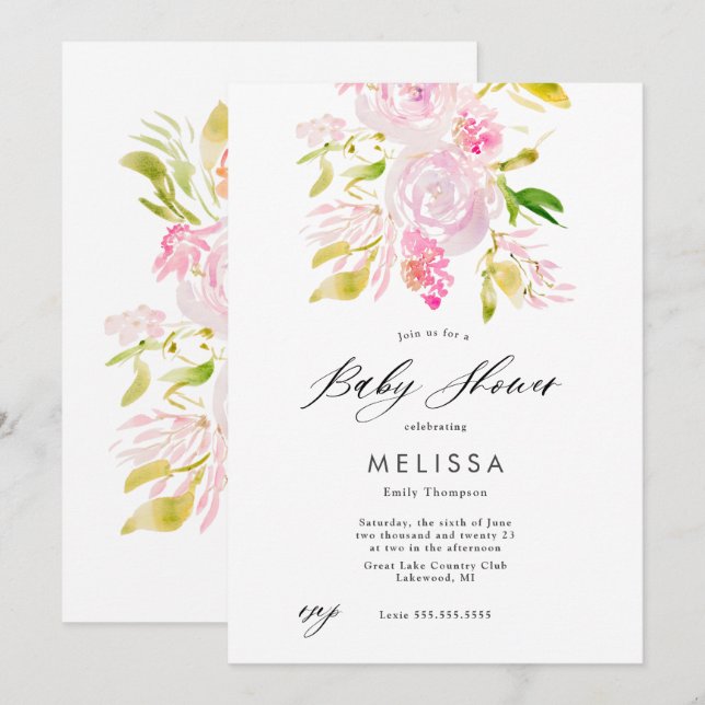 Watercolor Rose bouquet Baby shower Invitation (Devant / Derrière)