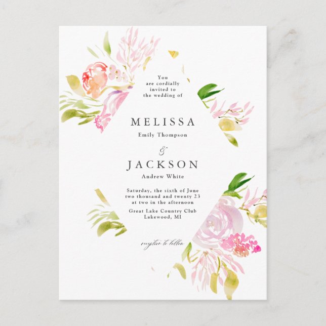 Watercolor Rose Bouquet Diamant Hochzeitsfeier Postkarte (Vorderseite)