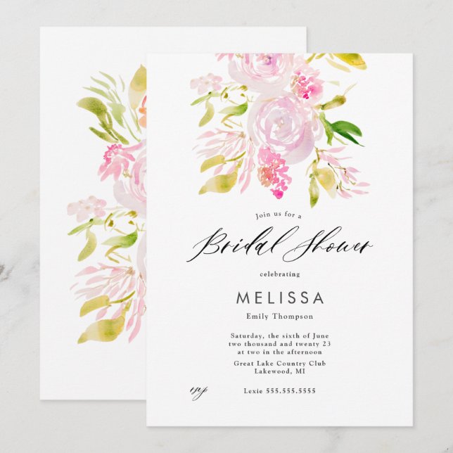 Watercolor Rose bouquet Douche nuptiale Invitation (Devant / Derrière)