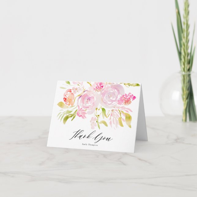 Watercolor Rose Bouquet Vielen Dank Dankeskarte (Vorderseite)