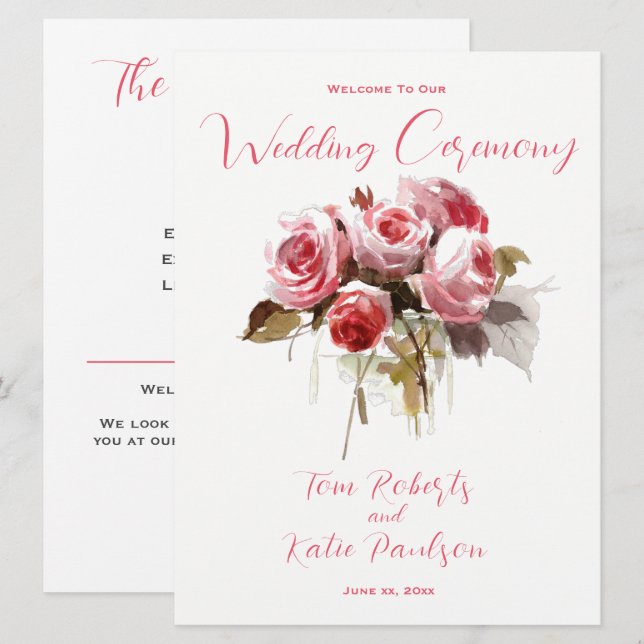 Watercolor Rose Bouquet Wedding Programm (Vorne/Hinten)