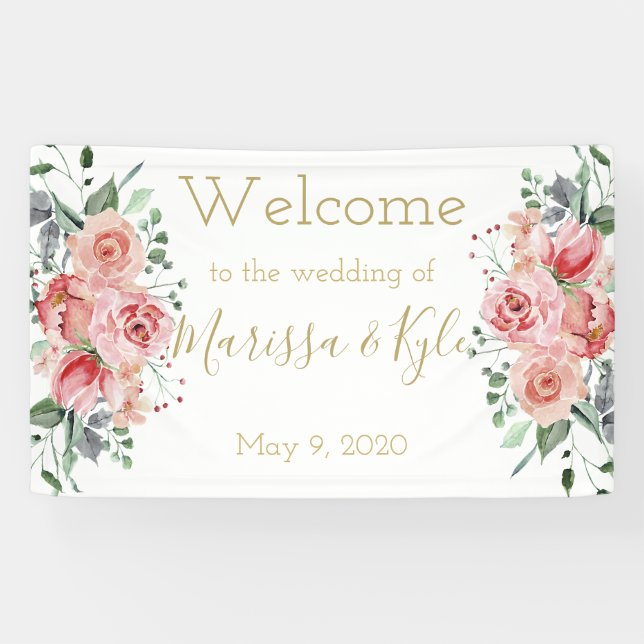 Watercolor Rose Garden Wedding Willkommensbanner Banner (Horizontal)