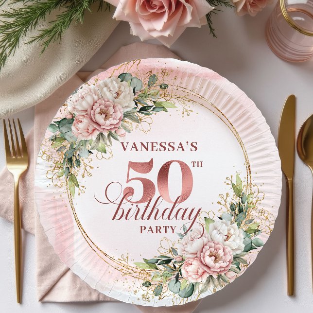 Watercolor Rose Gold Blush Greenery 50th Birthday  Pappteller (Watercolor Rose Gold Blush Greenery 50th Birthday Paper Plates

)
