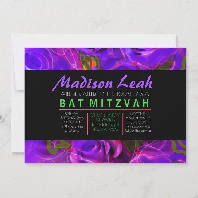 WATERCOLOR ROSE LILA NEON Bat Mitzvah Einladung (Vorderseite)