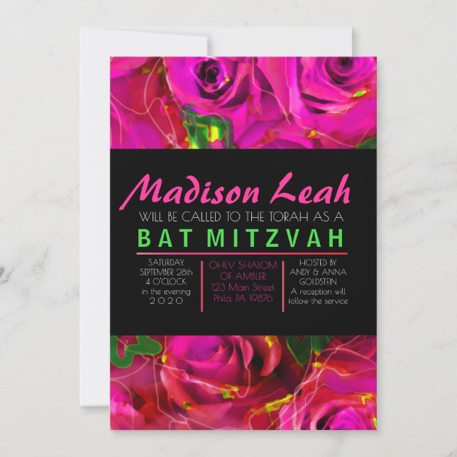WATERCOLOR ROSE PINK NEON Bat Mitzvah Einladung (Vorderseite)