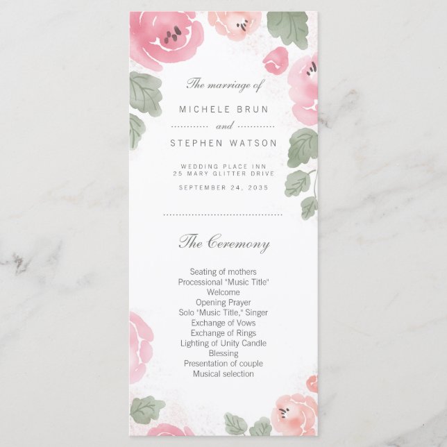 Watercolor Rose Roses Programme de mariage Cartes  (Devant)