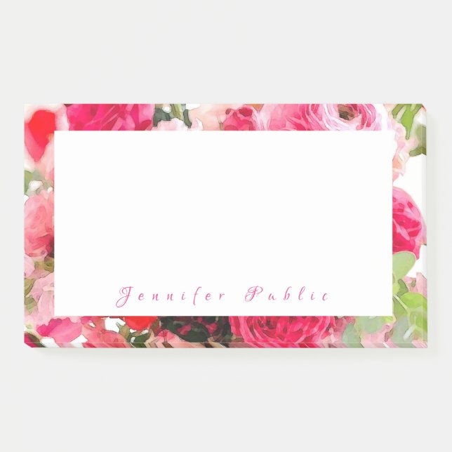 Watercolor-Rosen-Blumen-eleganter Handskript-Name Post-it Klebezettel (Vorderseite)