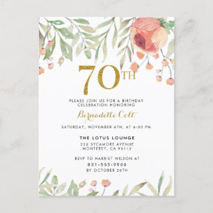 Watercolor-Rosen u. GoldGlitzer-70. Geburtstag Einladungspostkarte