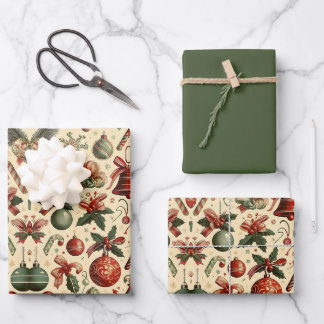 Watercolor Rot Grün Ornamente Süßigkeiten Weihnach Geschenkpapier Set