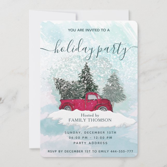 Watercolor roter LKW Winterurlaub Party Einladung (Vorderseite)