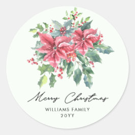 Watercolor Roter Weihnachtsstern Schriftliches Fro Runder Aufkleber