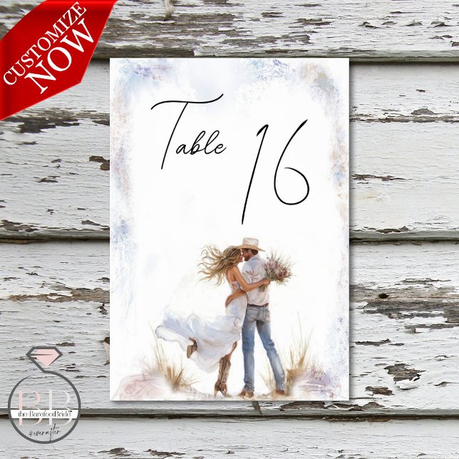 Watercolor Rustic Cowboy Wedding Tischnummer (Von Creator hochgeladen)