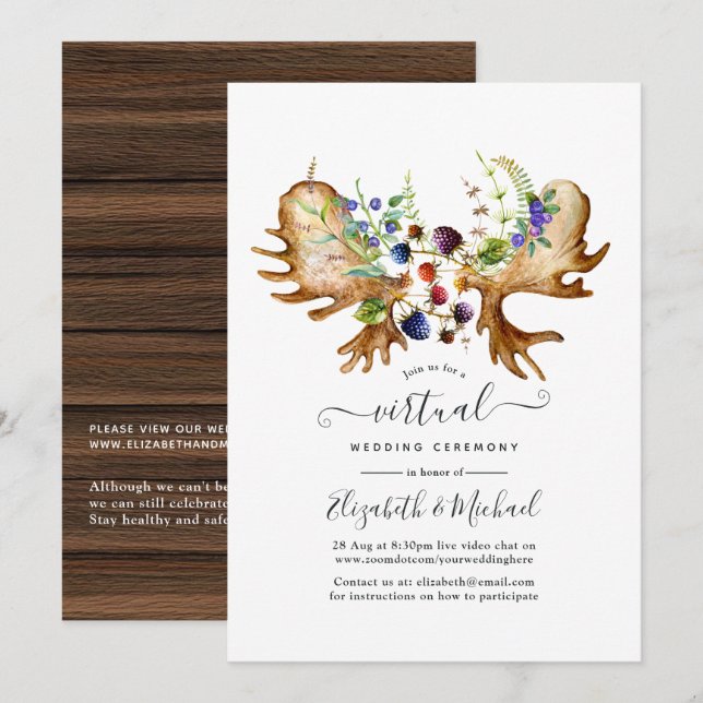 Watercolor Rustic Forest Online Virtual Wedding Einladung (Vorne/Hinten)