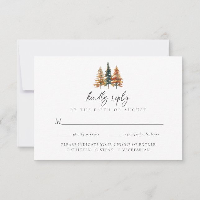 Watercolor Rustic Mountain Pine Forest Wedding RSVP Karte (Vorderseite)