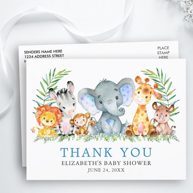 Watercolor Safari Animals Kinderdusche Vielen Dank Postkarte (Customize to change text size, color or text style.)