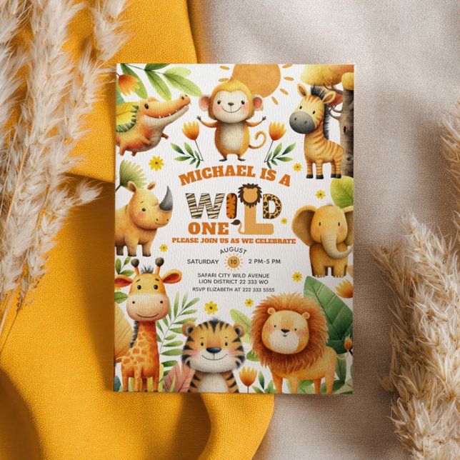 Watercolor Safari Animals WILD ONE 1st Birthday Einladung (Von Creator hochgeladen)