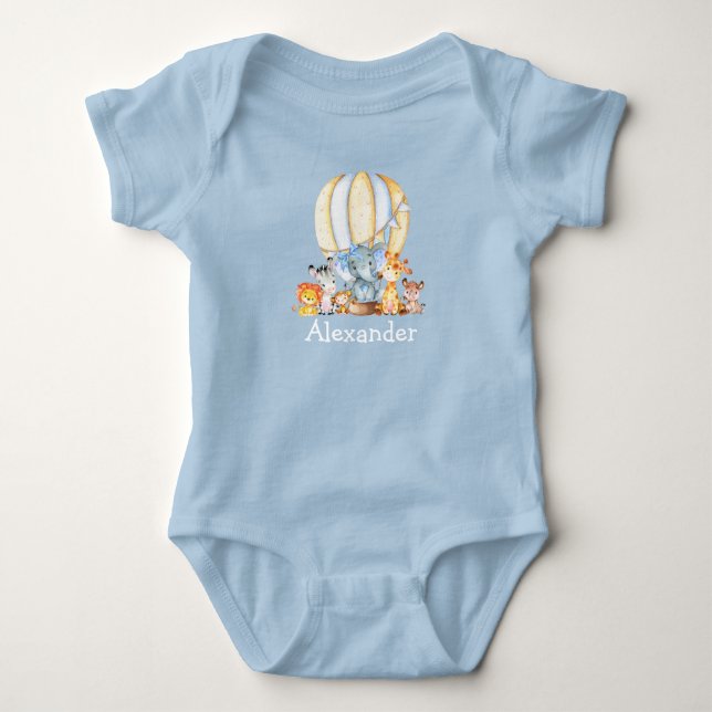 Watercolor Safari Tiere Air Ballon Blue Bow Baby Strampler (Vorderseite)