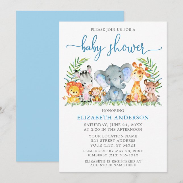 Watercolor Safari Tiere Blue Script Baby Dusche Einladung (Vorne/Hinten)