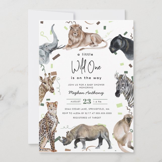 Watercolor Safari Wild One Baby Dusche Einladung (Vorderseite)
