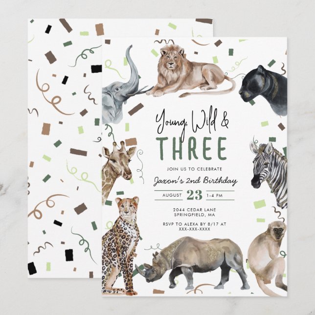 Watercolor Safari Young Wild & Three Birthday Einladung (Vorne/Hinten)
