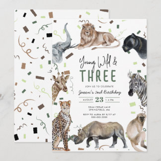 Watercolor Safari Young Wild & Three Birthday Einladung