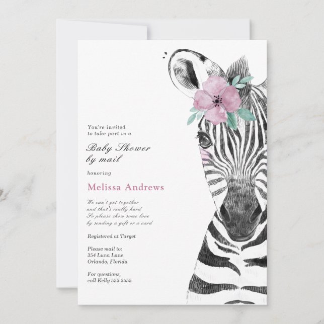 Watercolor Safari Zebra Baby Dusche by Mail Einladung (Vorderseite)
