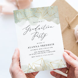 Watercolor Sage Green Gold Geometric Graduation Einladung