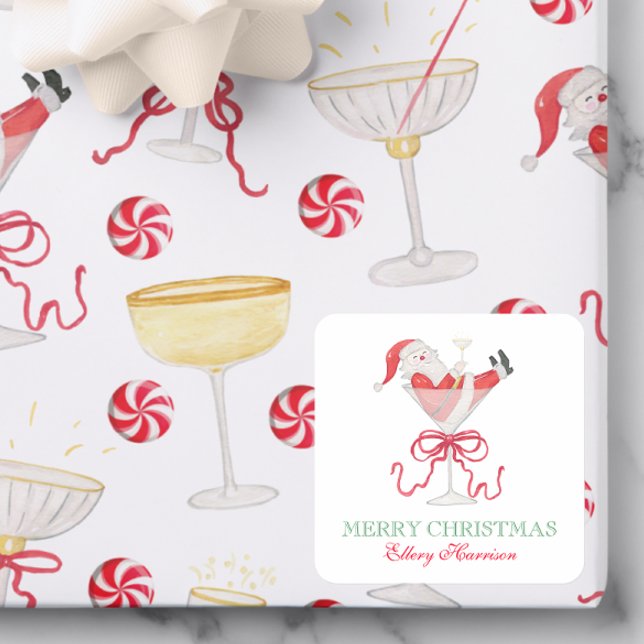 Watercolor Santa Christmas Cocktail Party Quadratischer Aufkleber (Von Creator hochgeladen)