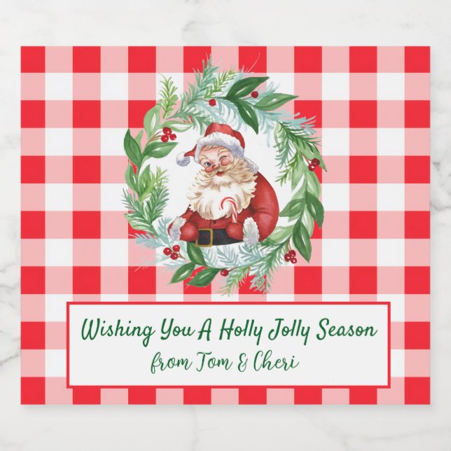 Watercolor Santa Red Check Jolly Christmas LG Alkoholflaschenetikett (Einzelnes Label)