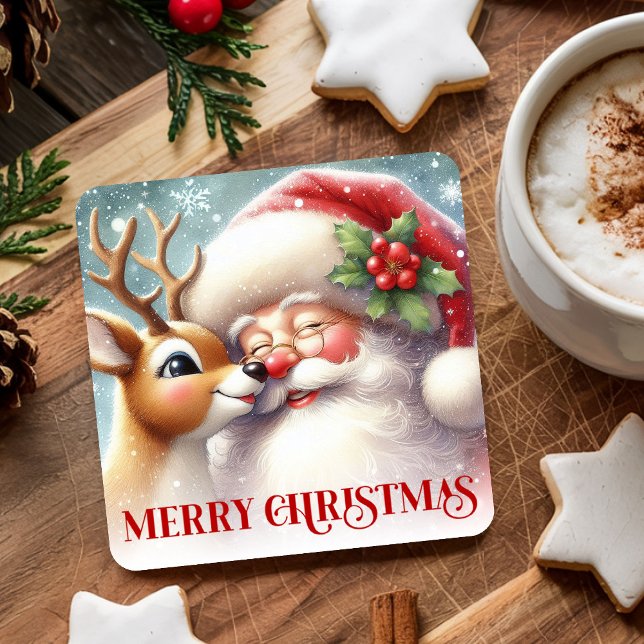 Watercolor Santa Rudolph Merry Christmas Coaster   Rechteckiger Pappuntersetzer (Watercolor Santa Rudolph Merry Christmas Coaster Art

)
