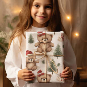 Watercolor Santa Teddy Bär & Pine Bäume Weihnachte Geschenkpapier