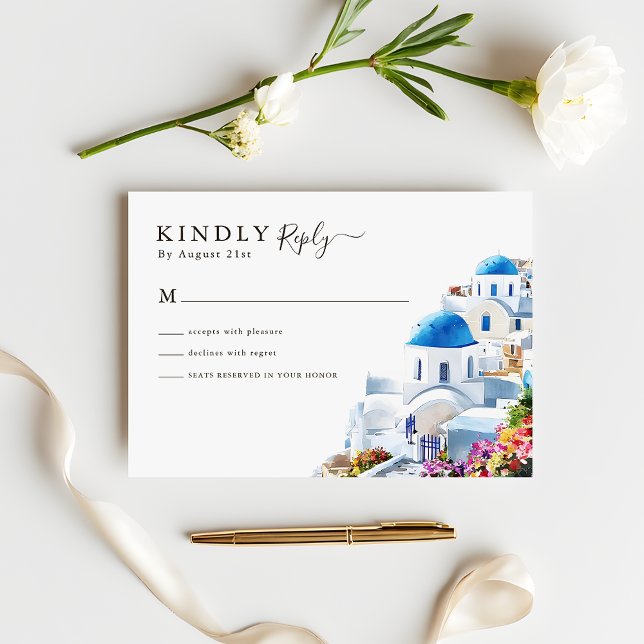 Watercolor Santorini  Destination Wedding RSVP Karte (Von Creator hochgeladen)