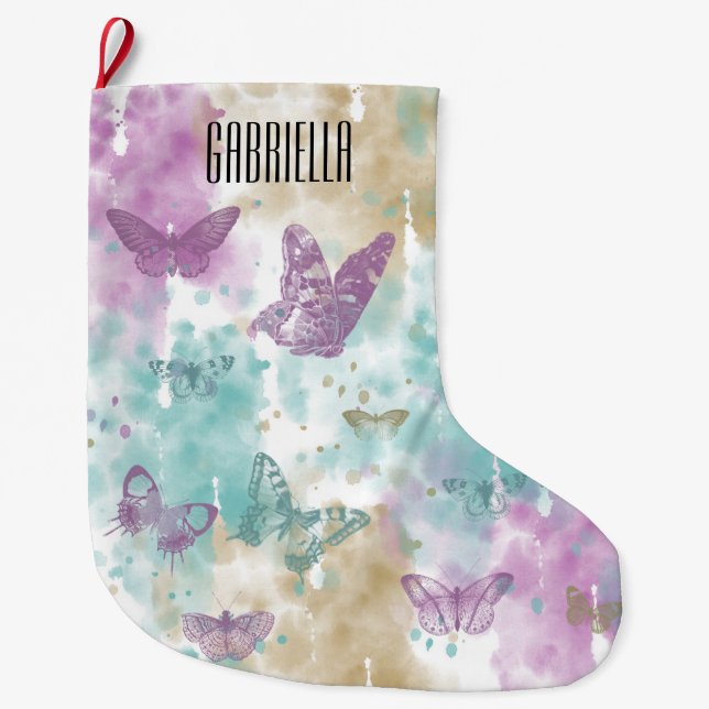 Watercolor-Schmetterlings-abstraktes Großer Weihnachtsstrumpf (Vorderseite)