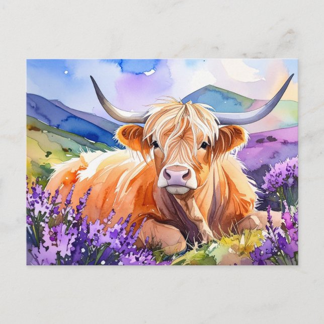 Watercolor Scottish Highland Cow Postcard Postkarte (Vorderseite)