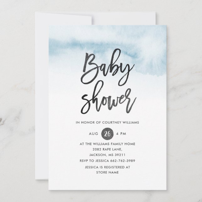 Watercolor Script Baby Dusche Einladung in Blue (Vorderseite)