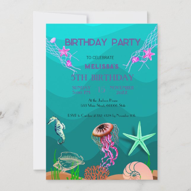 Watercolor Sea Animaux Invitation de fête d'annive (Devant)