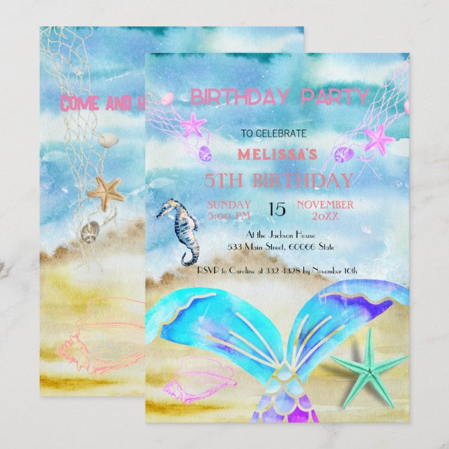 Watercolor Sea Animaux Invitation de fête d'annive (Devant / Derrière)