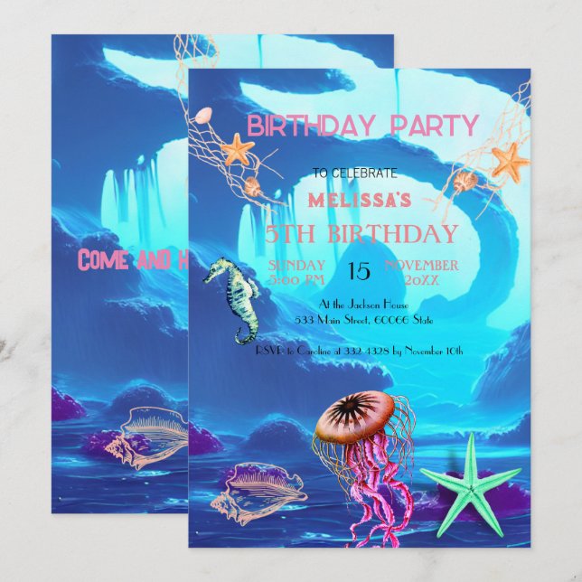 Watercolor Sea Animaux Invitation de fête d'annive (Devant / Derrière)