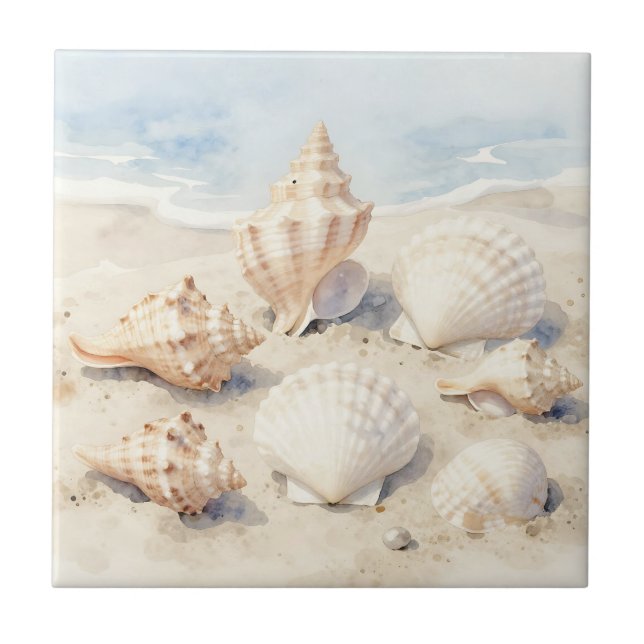Watercolor Seashells Beach Scene Fliese (Vorderseite)