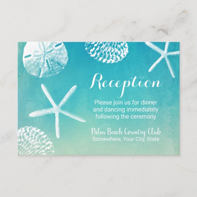 Watercolor Seashells Beach Wedding Empfang Begleitkarte (Vorderseite)