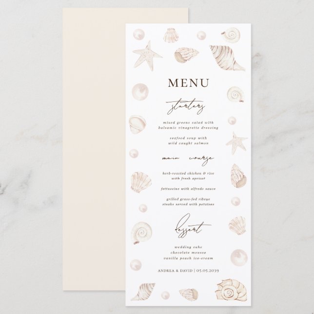 Watercolor Seashells Pearls Beach Nautical Wedding Menükarte (Vorne/Hinten)