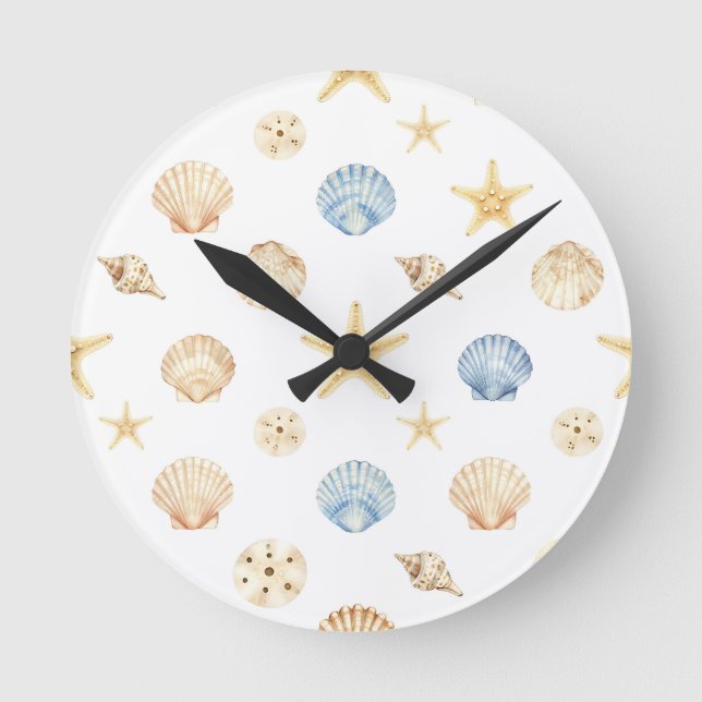 Watercolor Seashells Starfish Coastal Pattern Runde Wanduhr (Vorderseite)