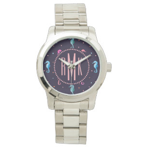 Watercolor-Seepferde auf Marine-Blau-Muster Armbanduhr