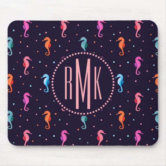 Watercolor-Seepferde auf Marine-Blau-Muster Mousepad (Vorne)