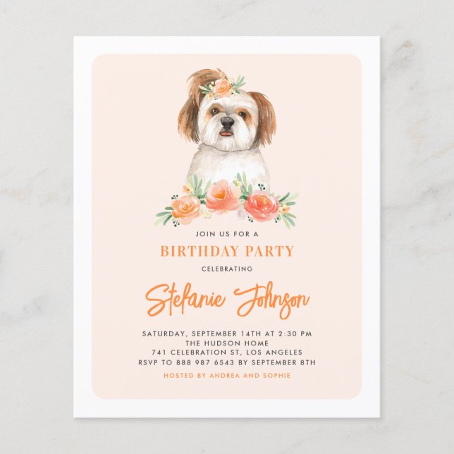 Watercolor Shih Tzu Peach Birthday Einladung (Vorderseite)