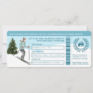 Watercolor-Skifahrerin-Faux-Skiausflug-Ticket Gebu Einladung