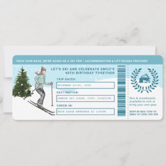 Watercolor-Skifahrerin-Faux-Skiausflug-Ticket Gebu Einladung