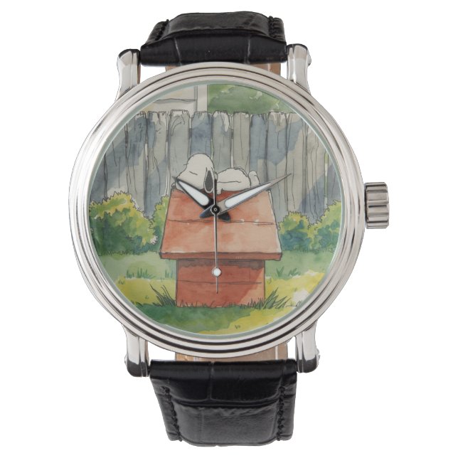 Watercolor Sleeping Dog on Red Doghouse Art Armbanduhr (Vorderseite)